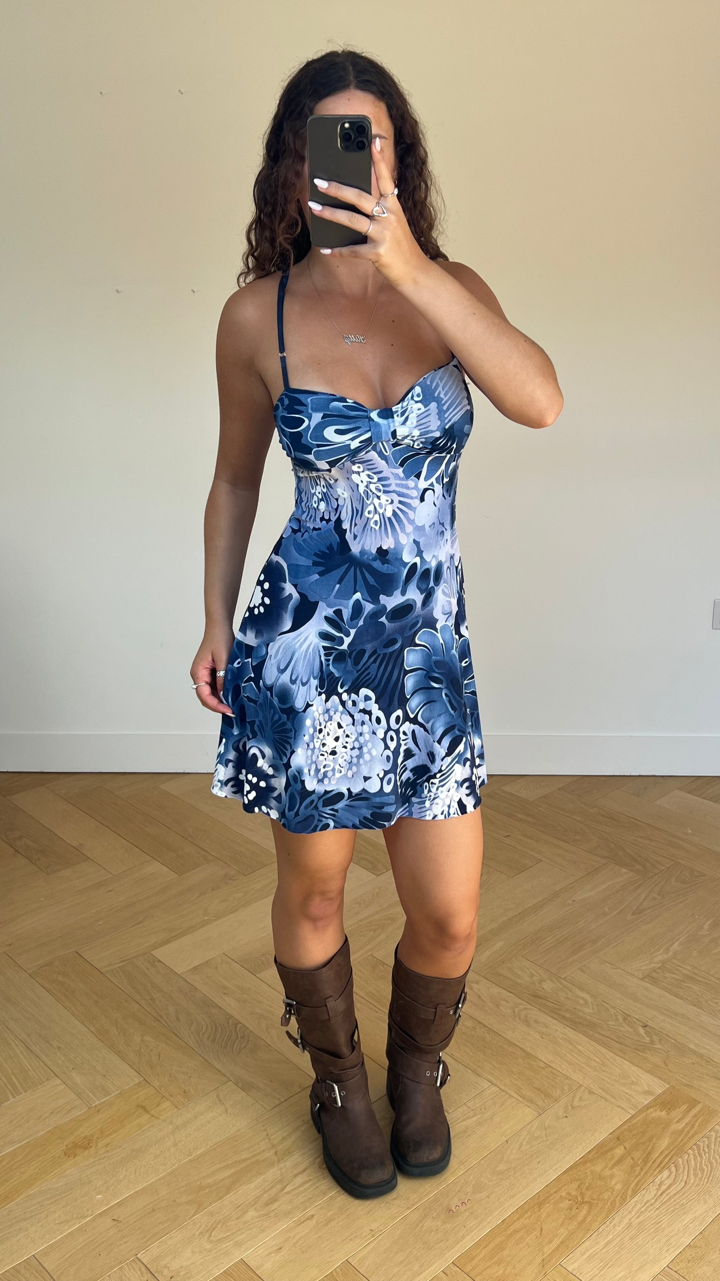 00s blue floral mini dress- size M