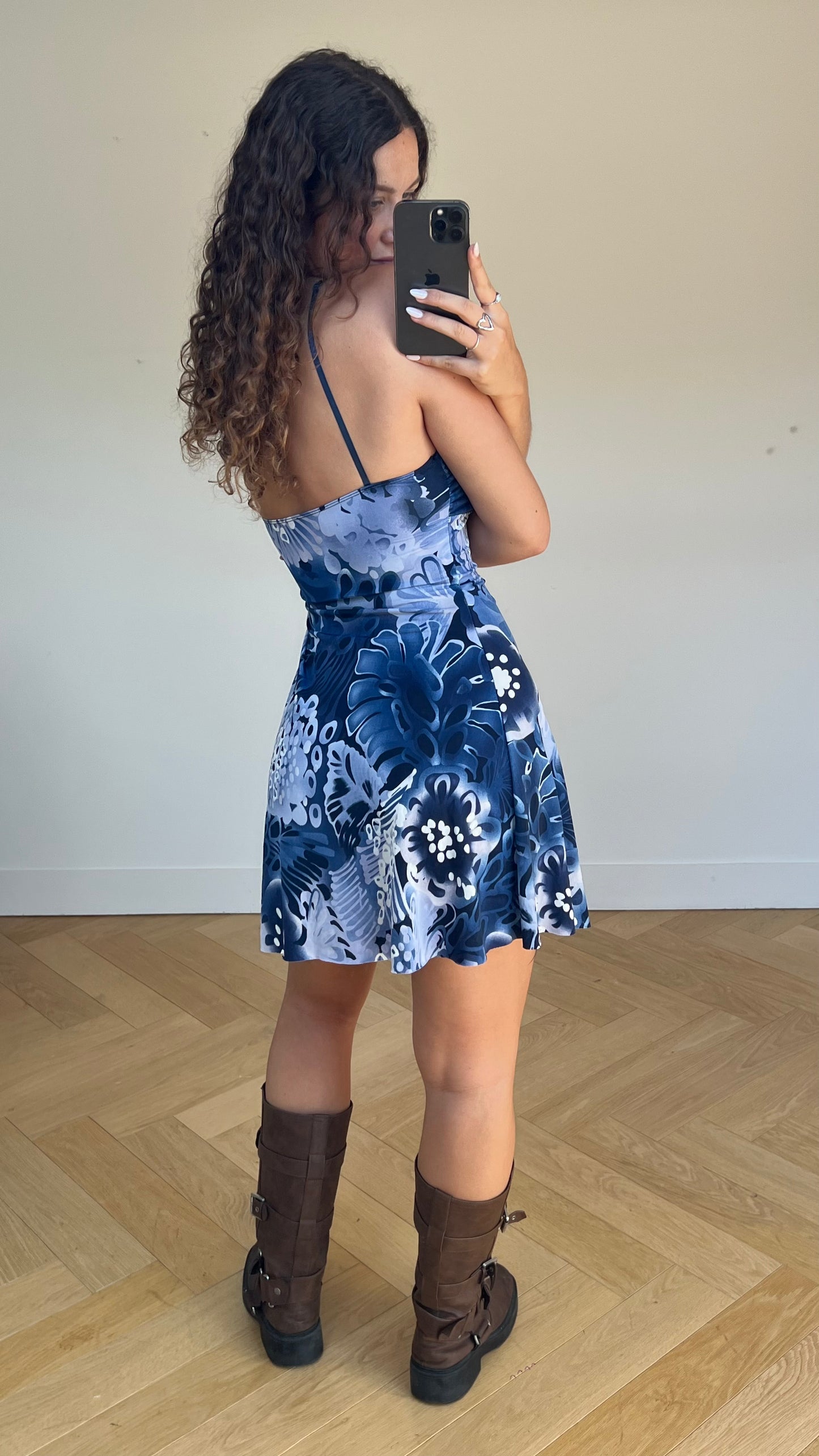 00s blue floral mini dress- size M