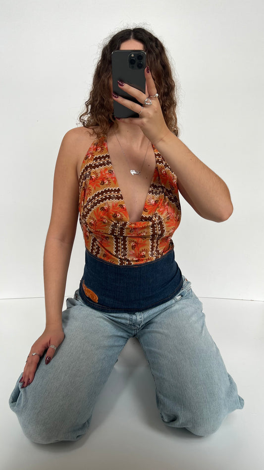 00s orange cowl neck top- size XL