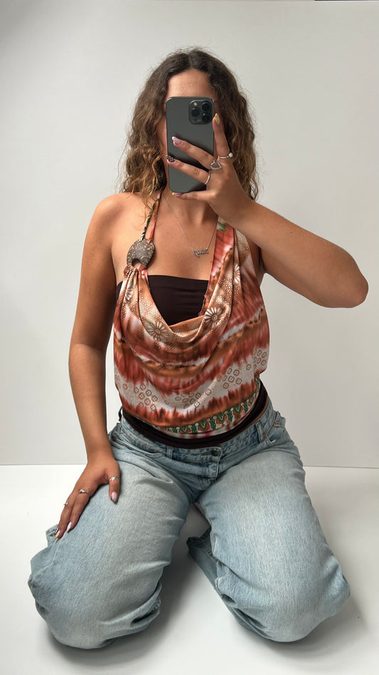 00s brown orange cowl neck top- size S
