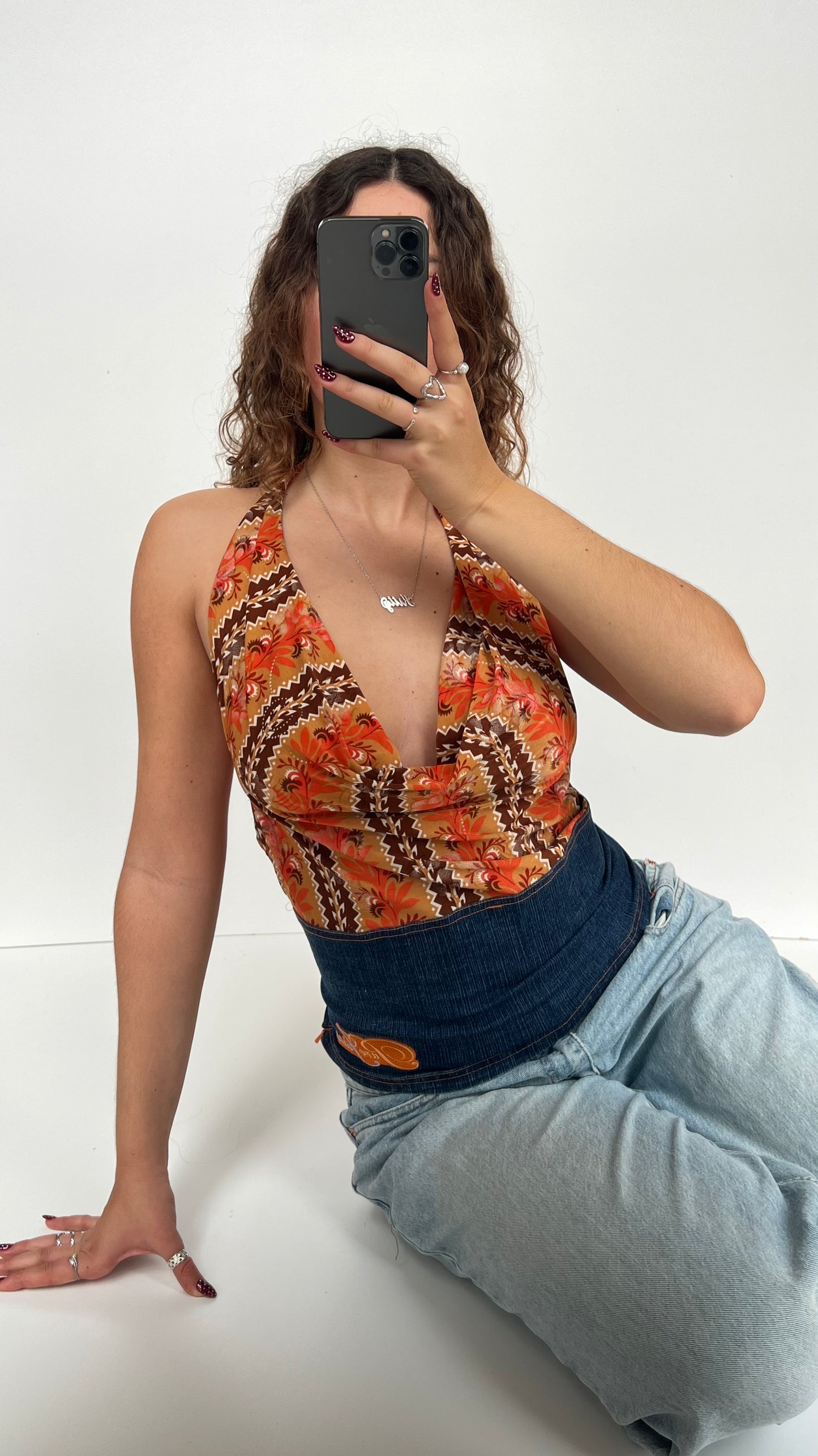 00s orange cowl neck top- size XL