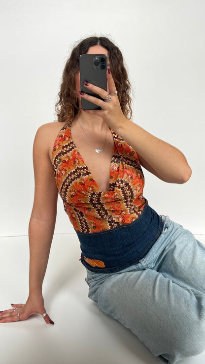 00s orange cowl neck top- size XL