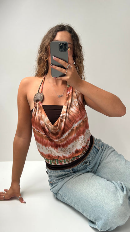 00s brown orange cowl neck top- size S
