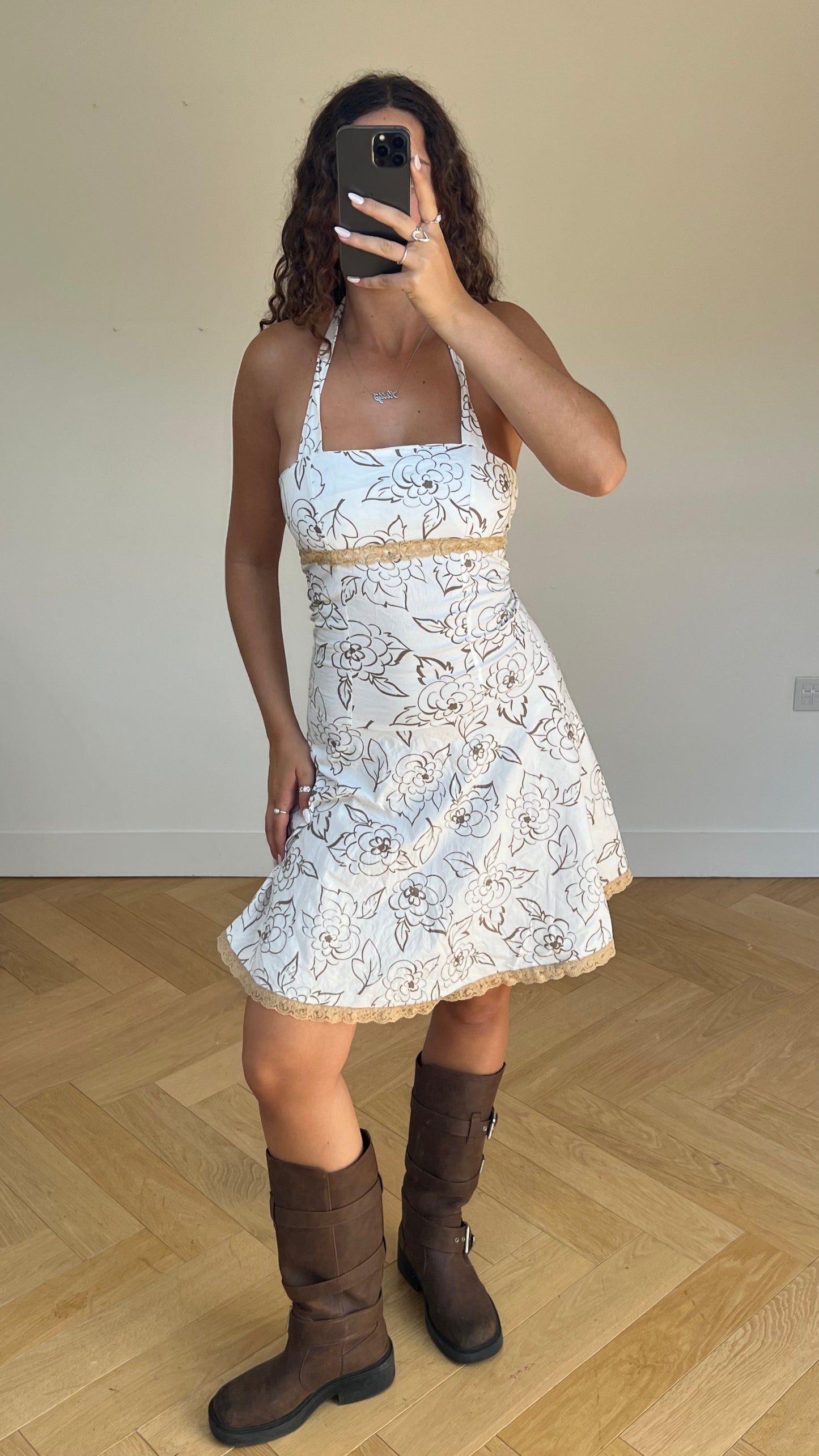 00s white floral midi dress- size S
