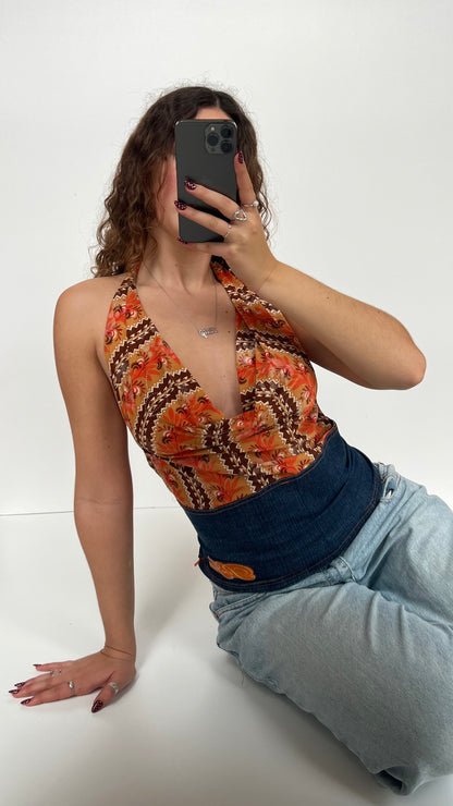 00s orange cowl neck top- size XL