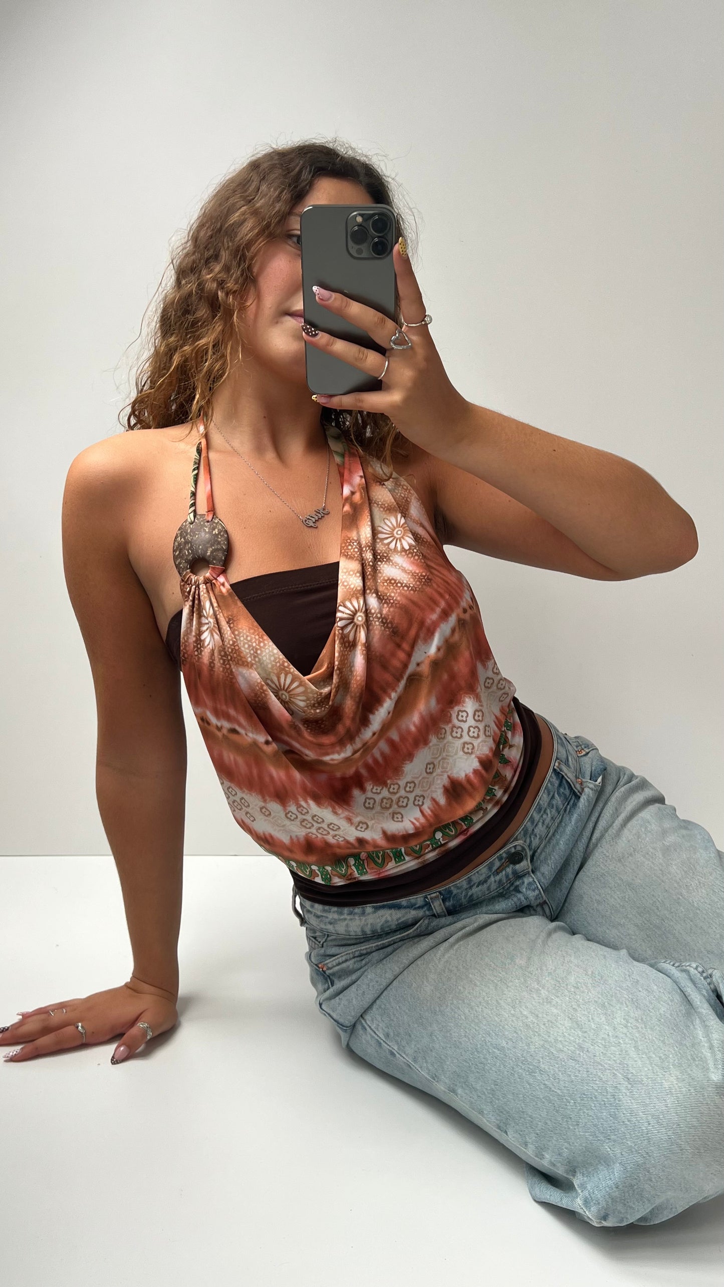00s brown orange cowl neck top- size S