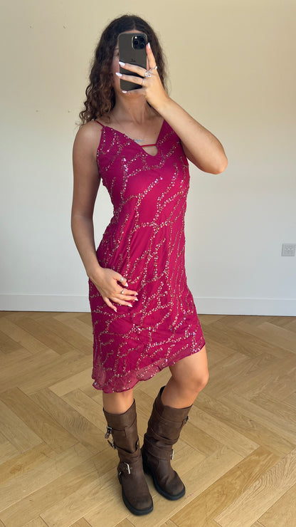 00s pink silk sequin midi dress- size M