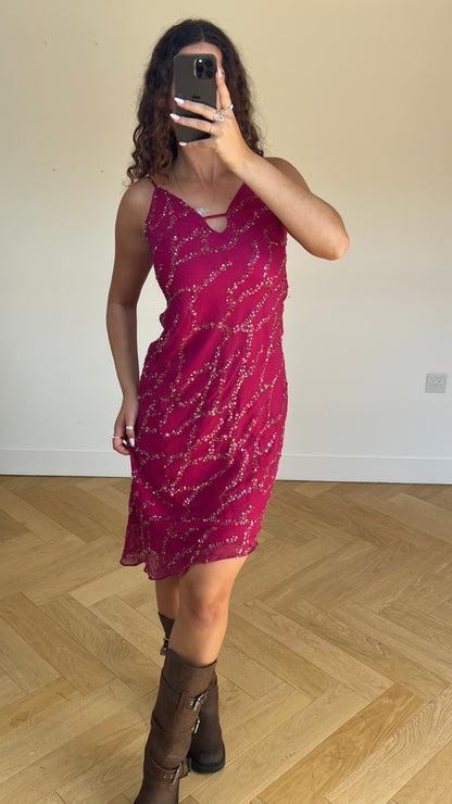 00s pink silk sequin midi dress- size M