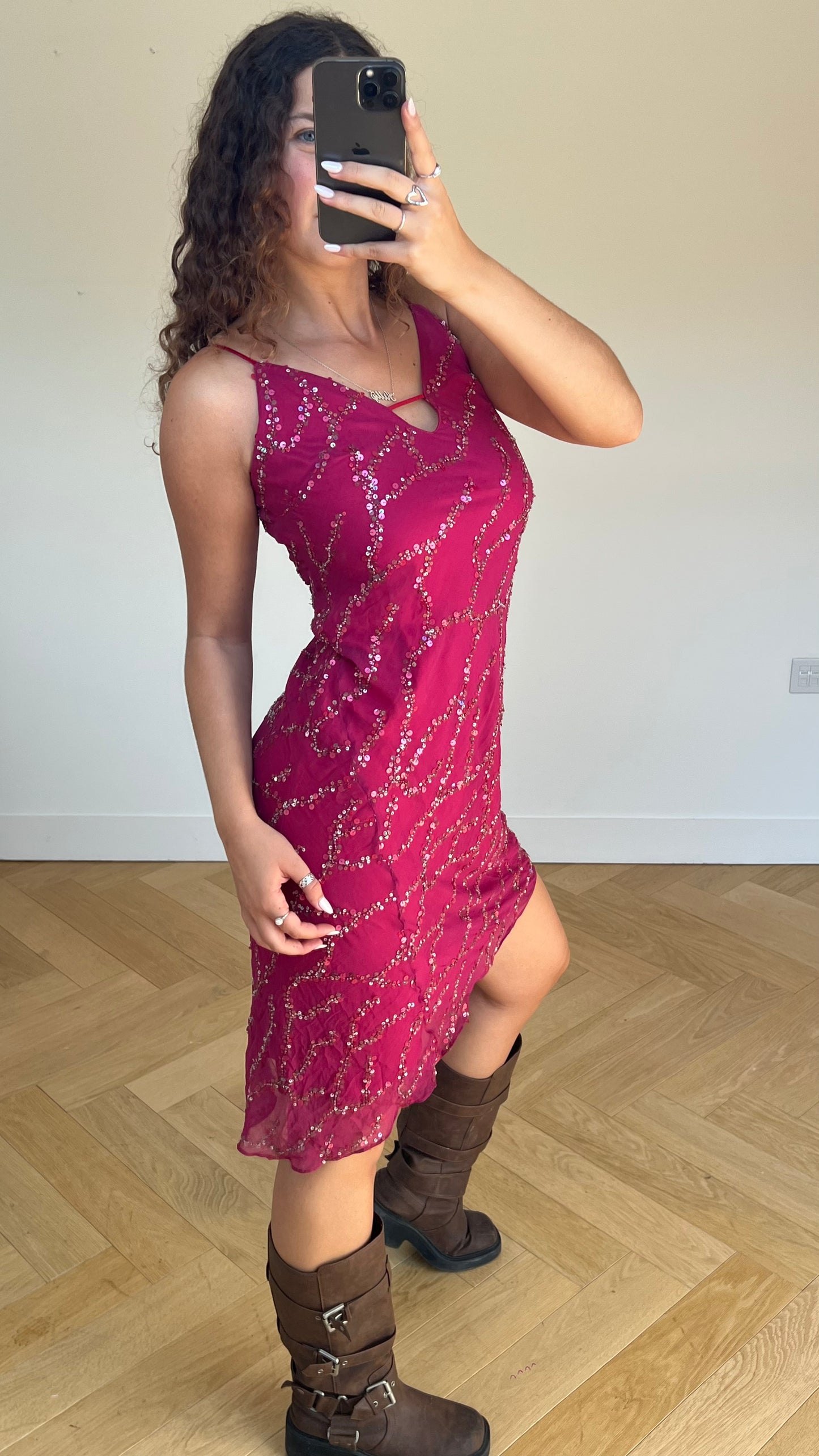 00s pink silk sequin midi dress- size M