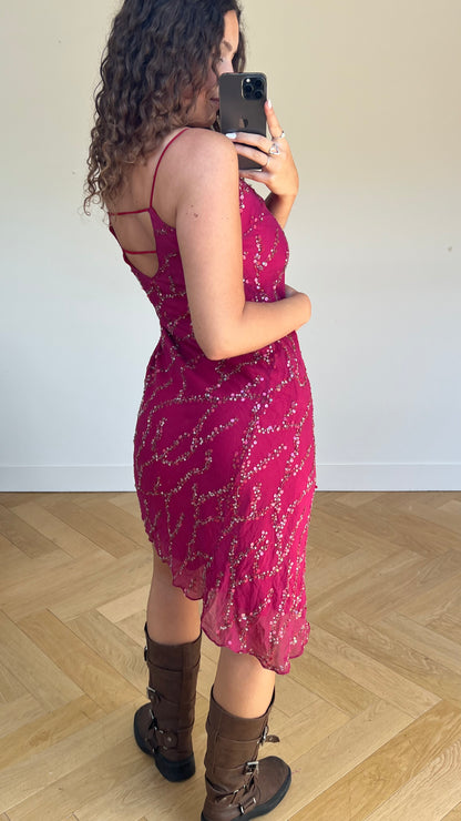 00s pink silk sequin midi dress- size M
