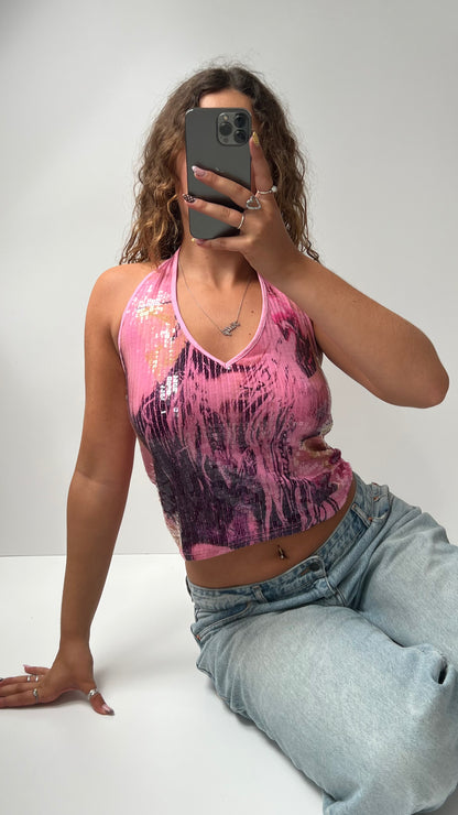 00s pink sequin halter cami- size M