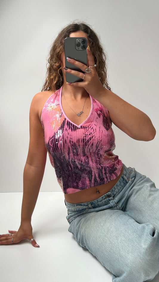 00s pink sequin halter cami- size M