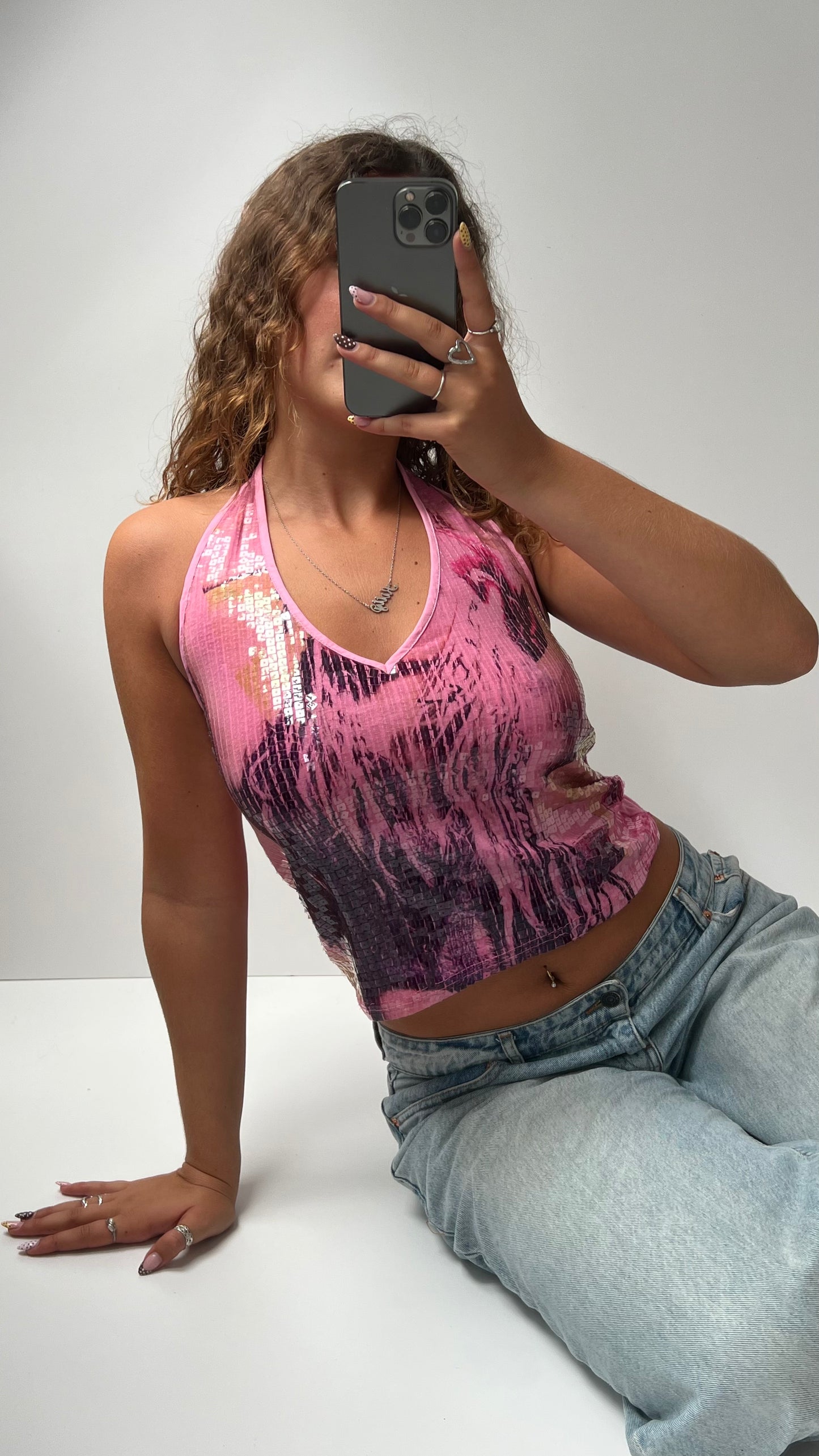 00s pink sequin halter cami- size M