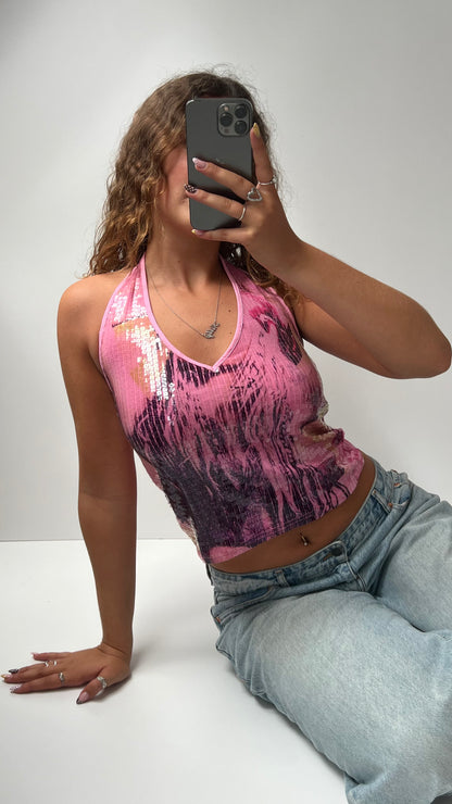 00s pink sequin halter cami- size M