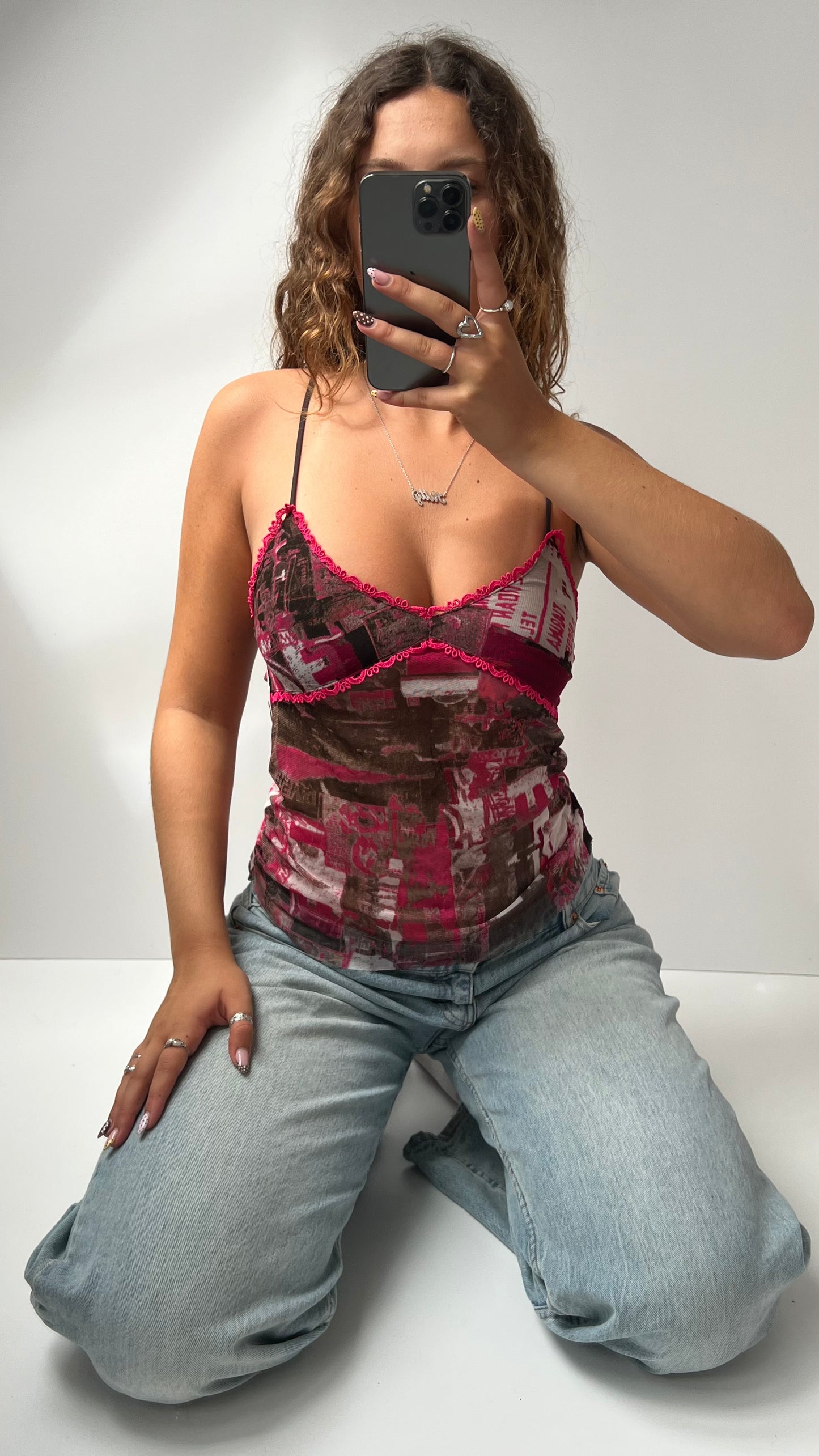 00s pink mesh graphic cami- size S
