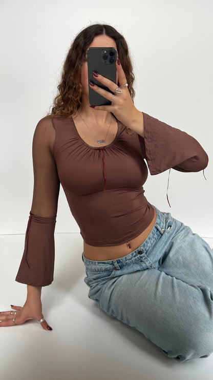 00s brown mesh bell sleeve top- size XS