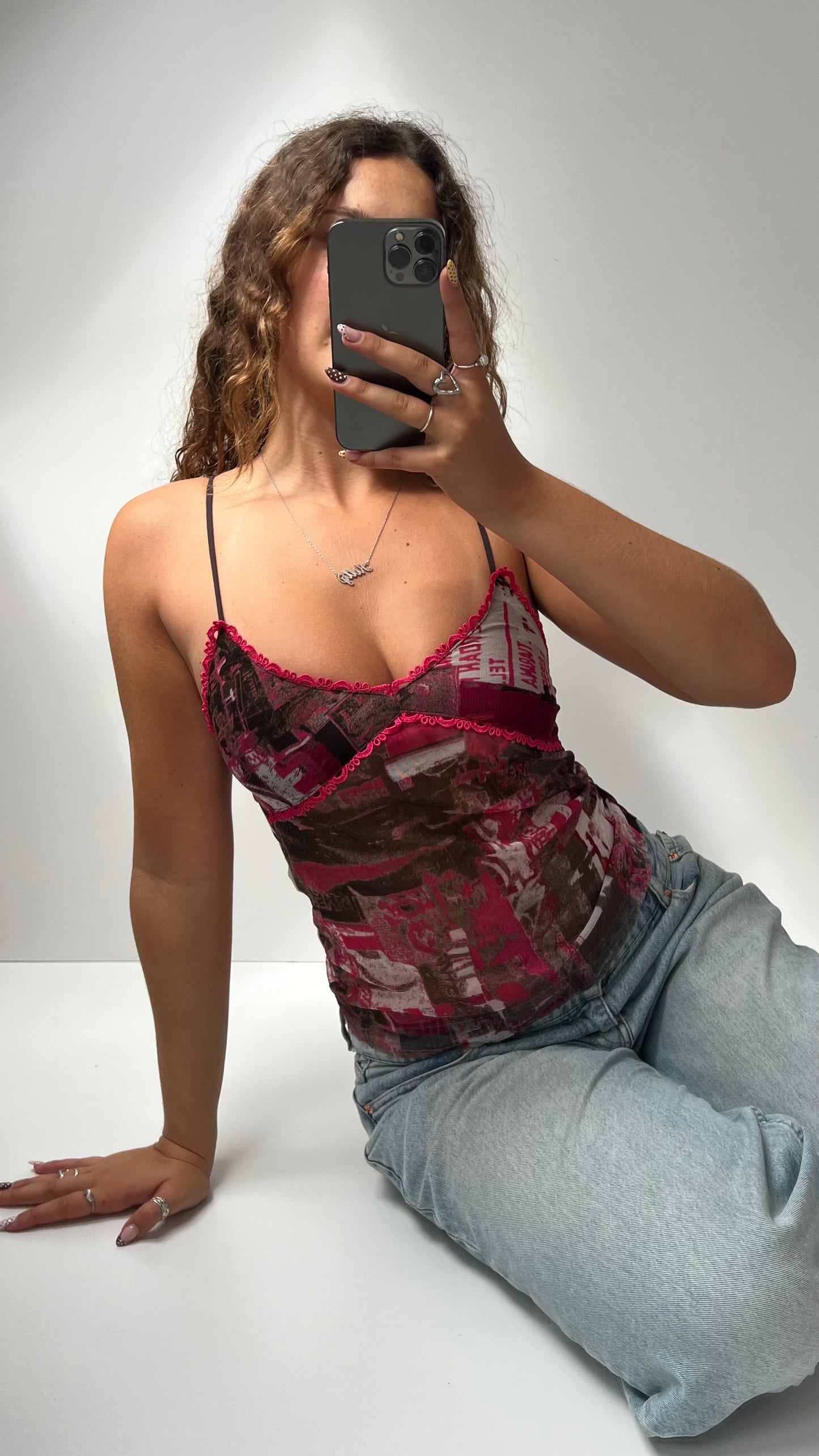 00s pink mesh graphic cami- size S