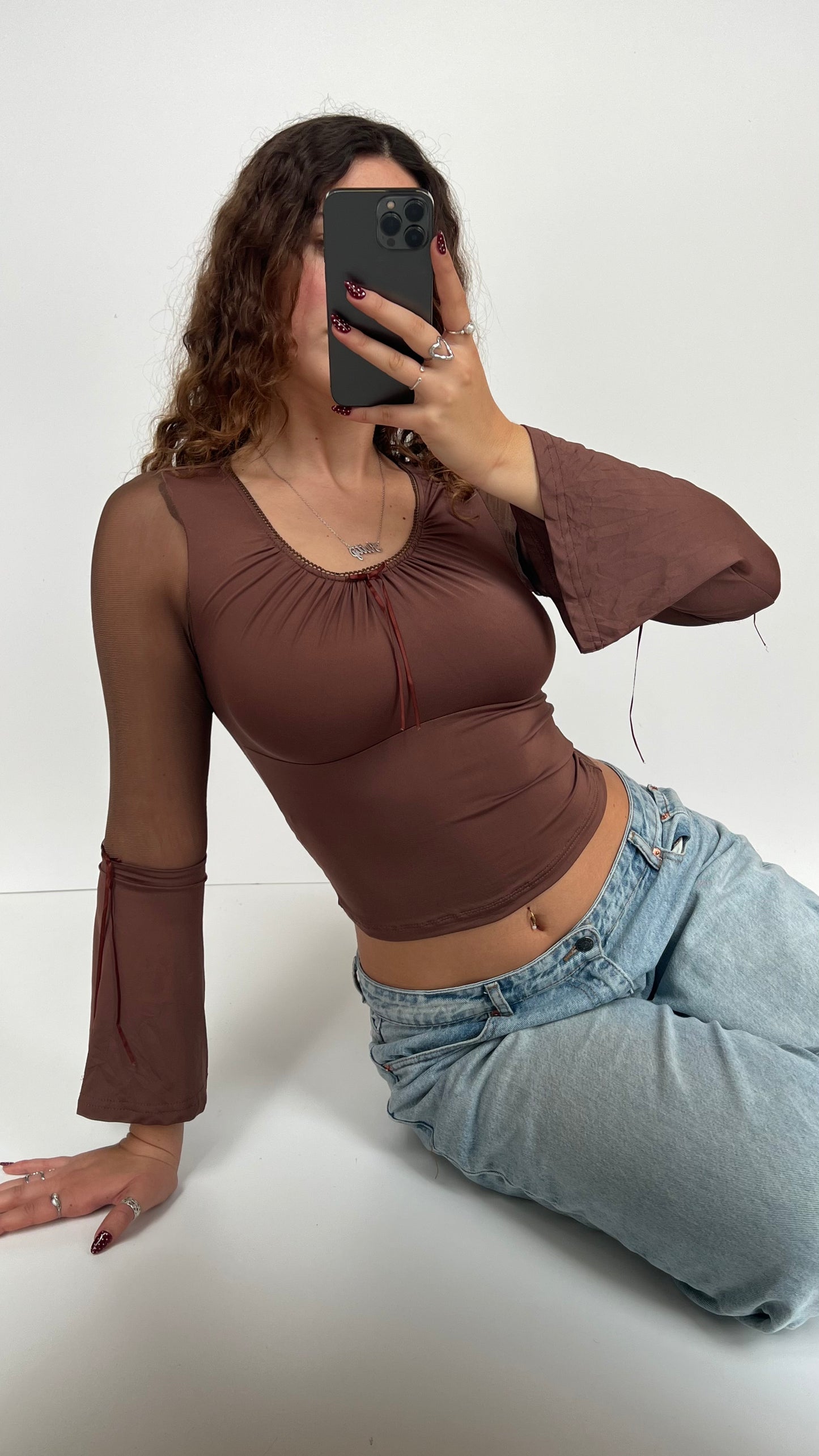 00s brown mesh bell sleeve top- size XS
