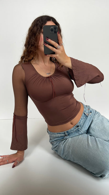 00s brown mesh bell sleeve top- size XS