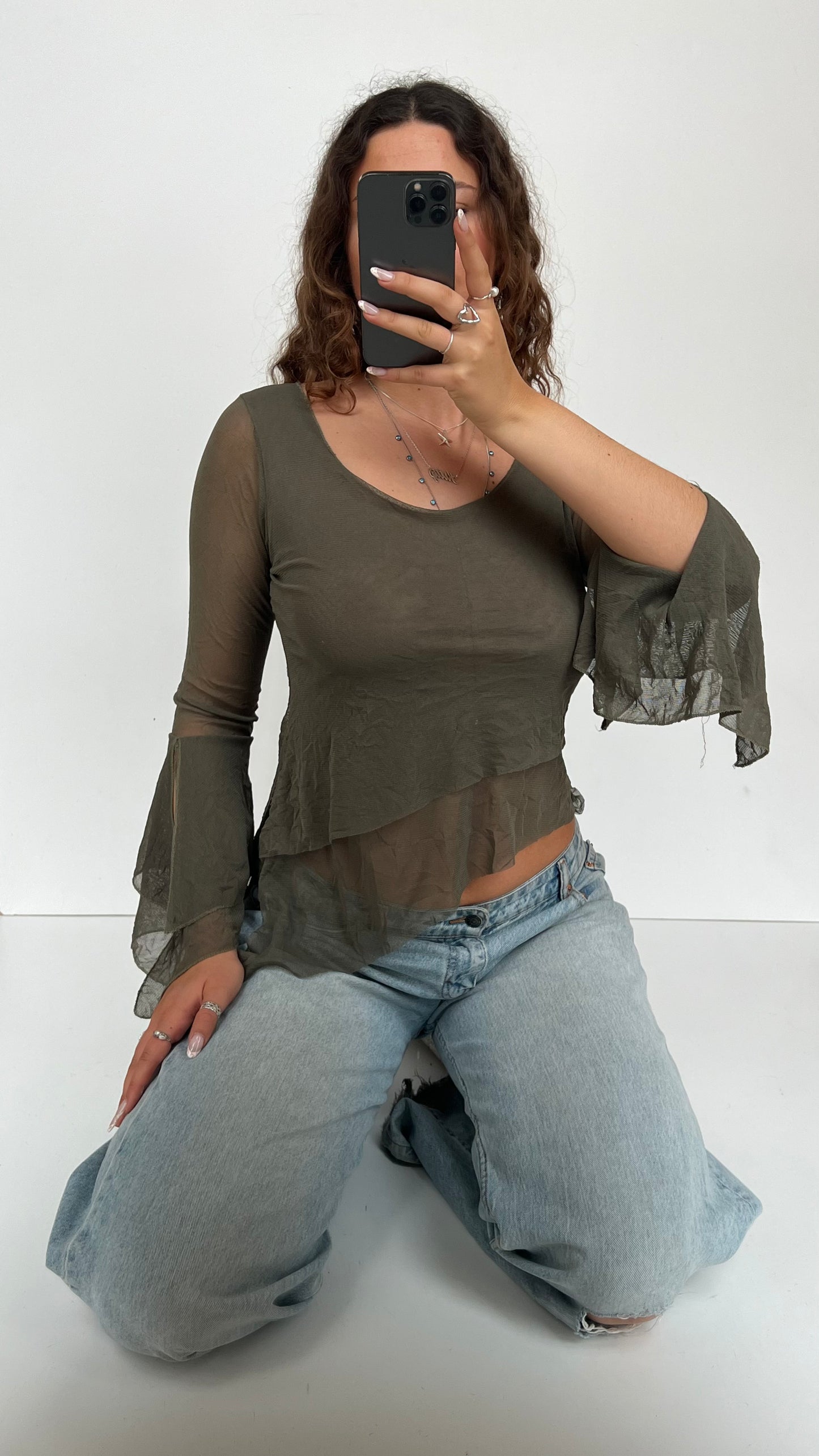00s khaki mesh long sleeve top- size M