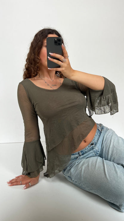 00s khaki mesh long sleeve top- size M
