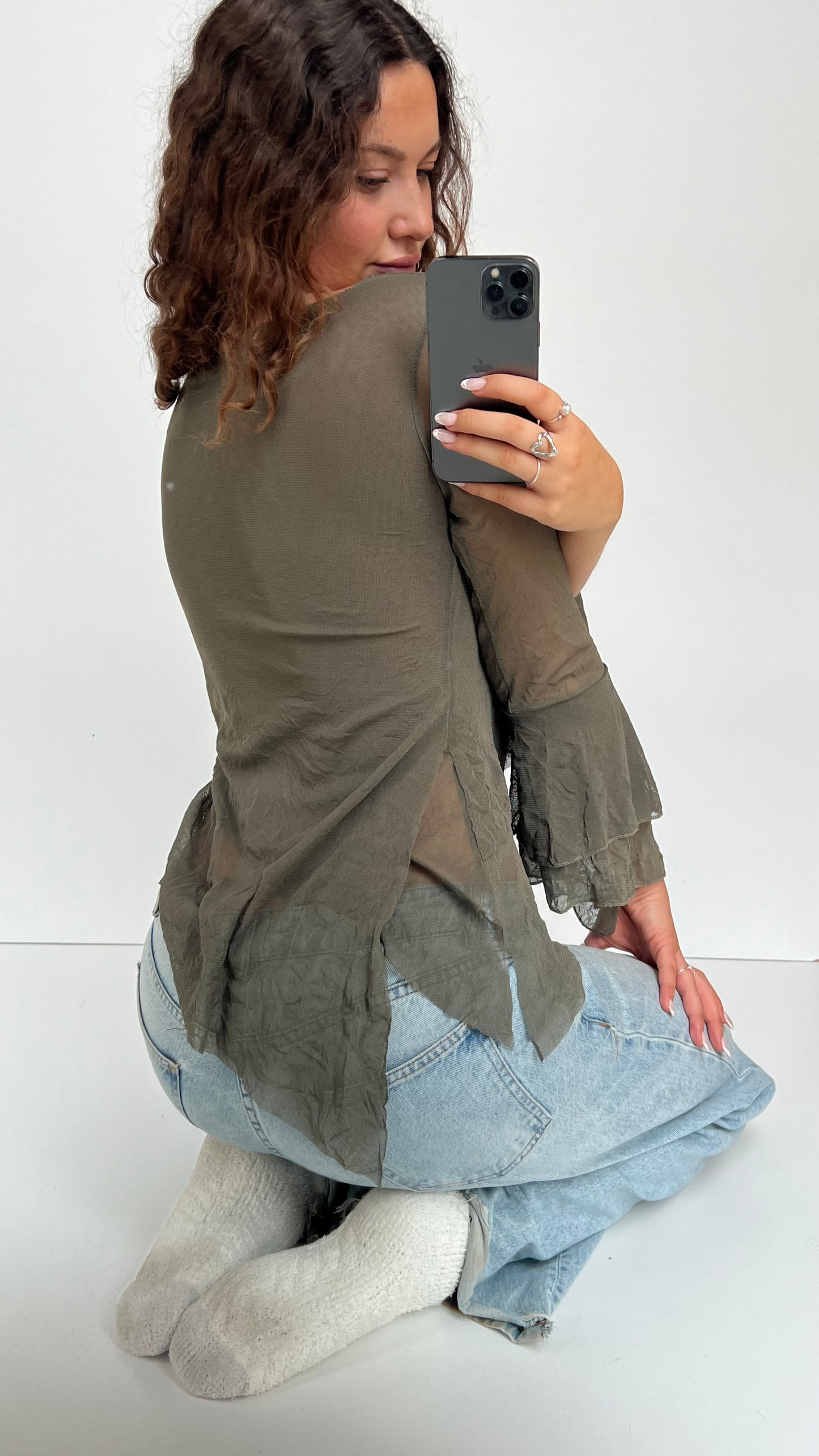 00s khaki mesh long sleeve top- size M