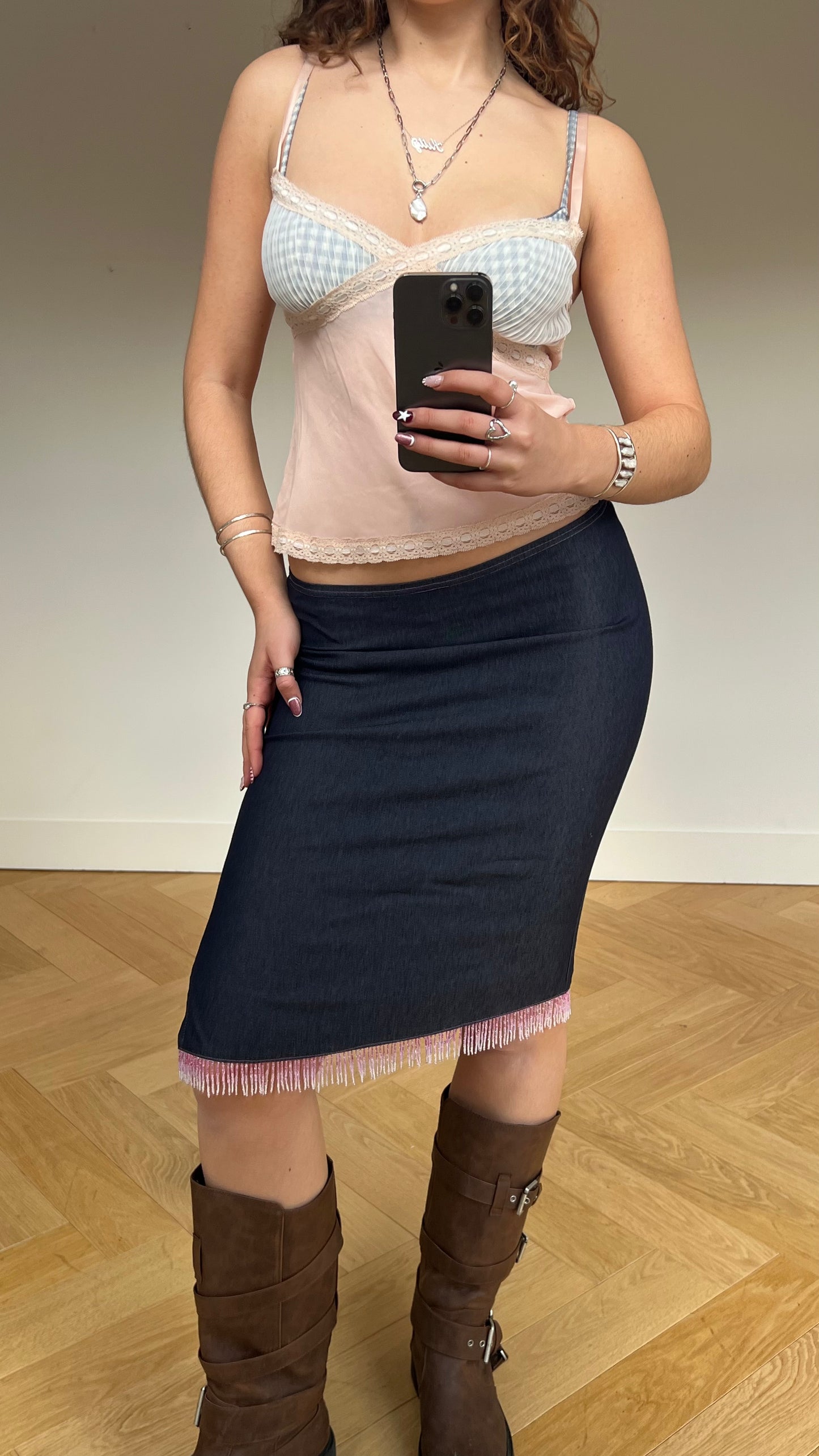 00s denim fringe midi skirt- size M