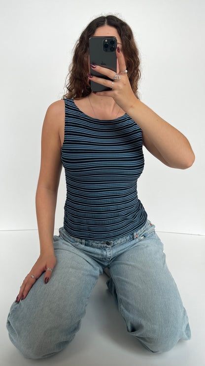 00s blue black striped tank top- size M