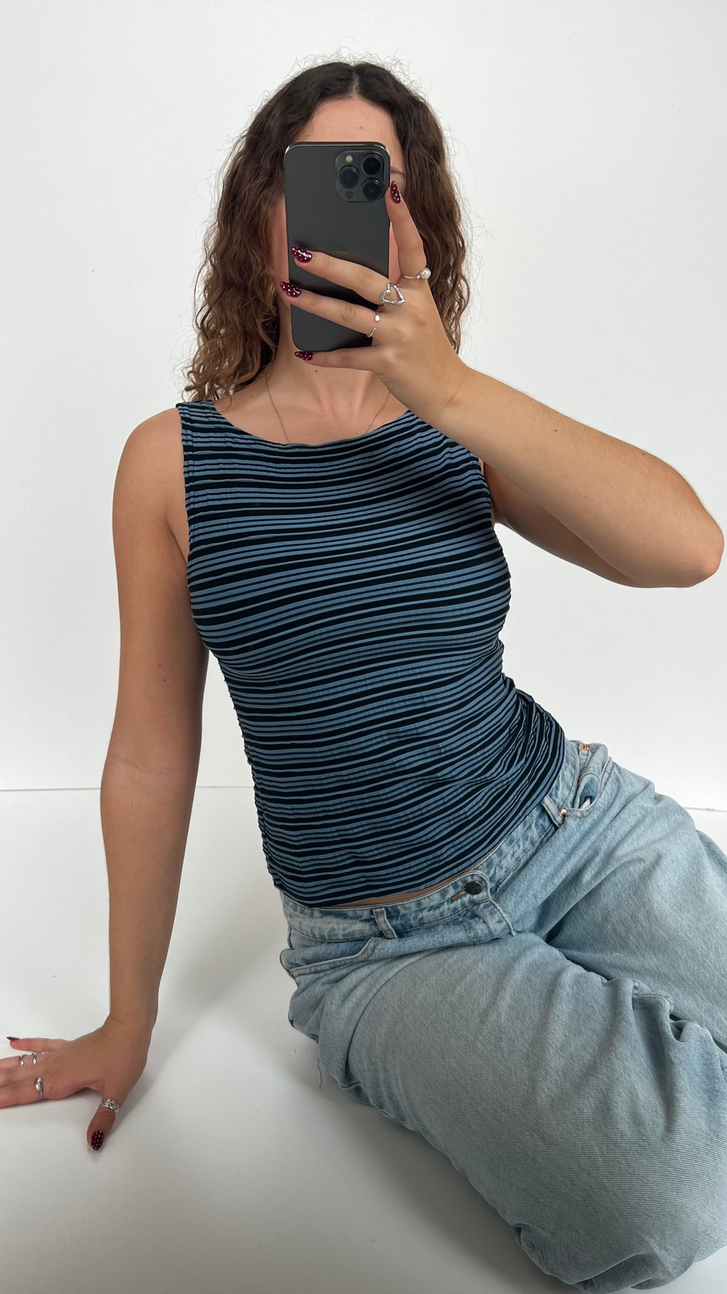 00s blue black striped tank top- size M