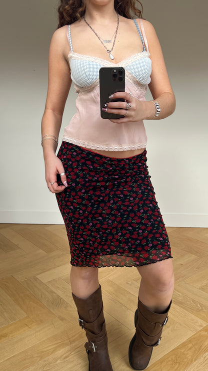 00s black red floral midi skirt- size M