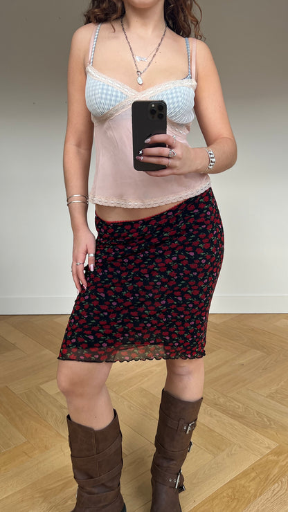 00s black red floral midi skirt- size M