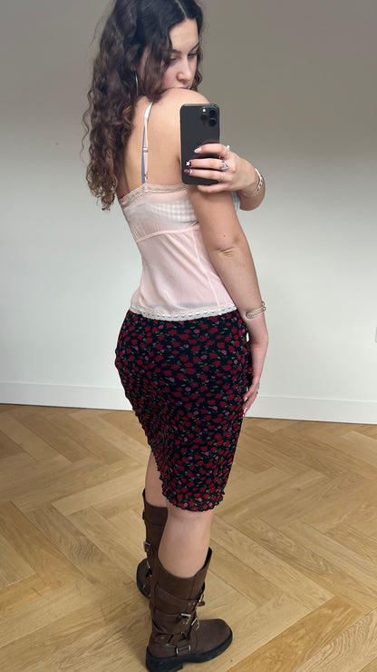 00s black red floral midi skirt- size M