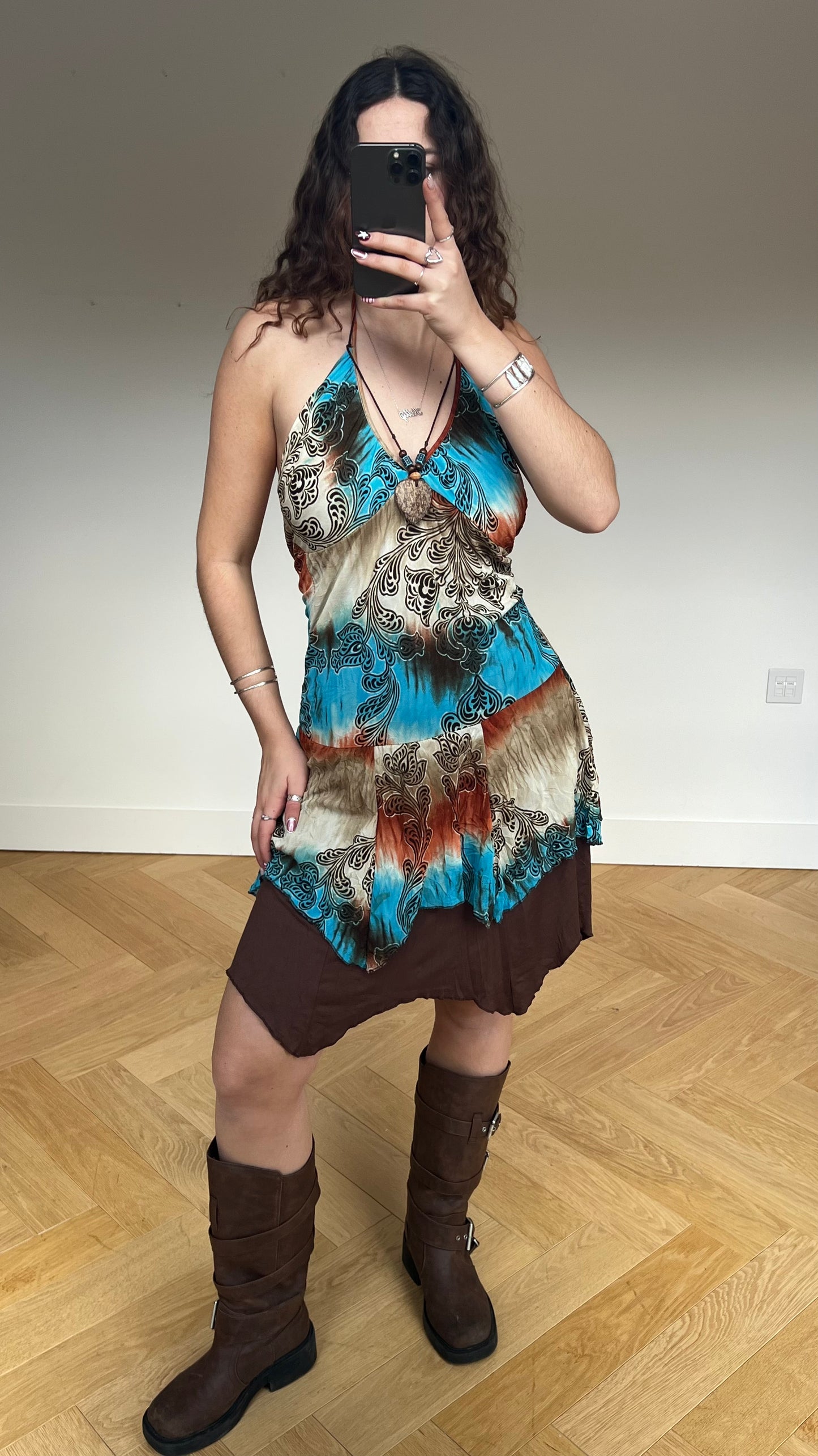 00s blue orange mesh midi dress- size M