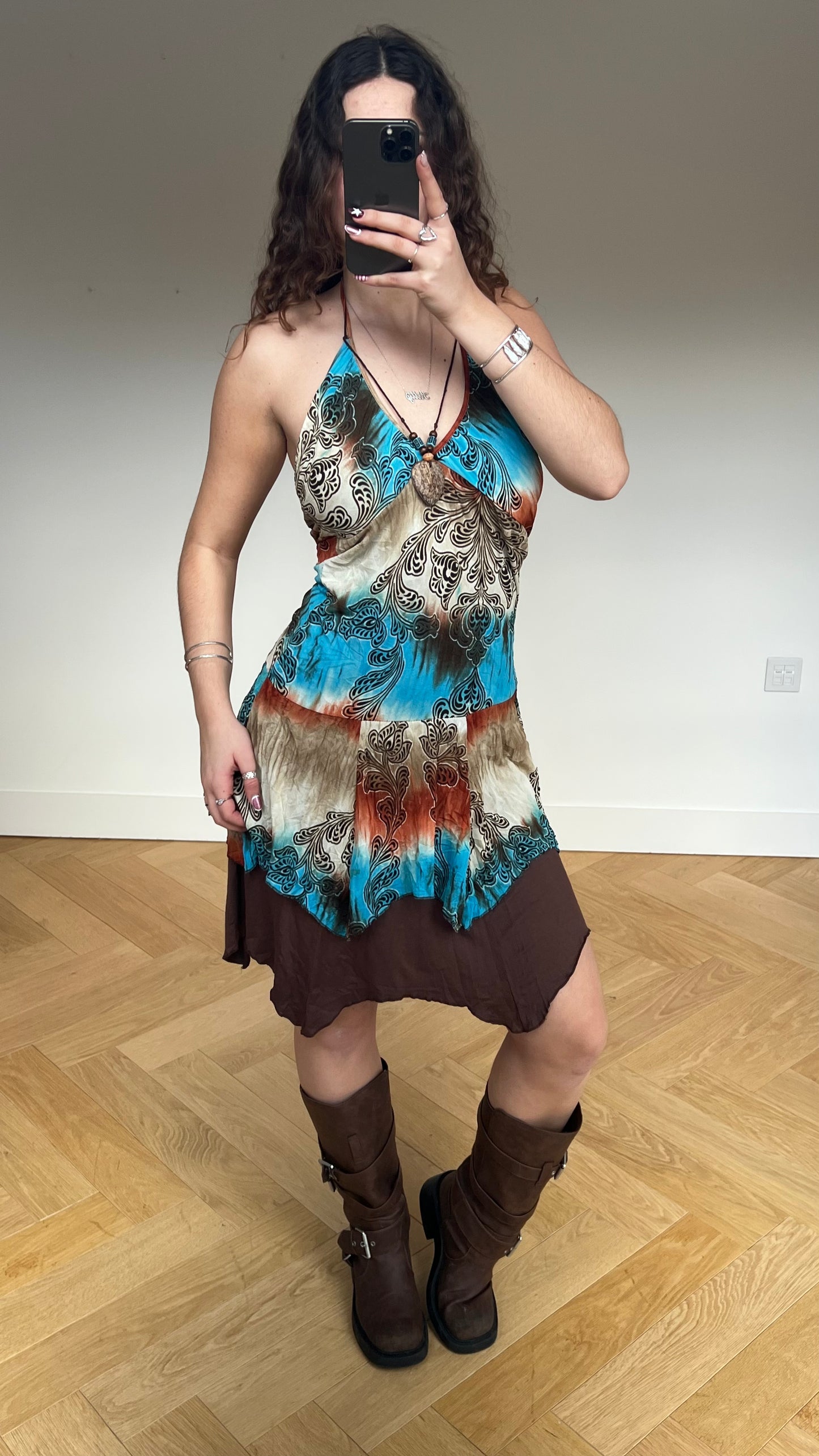 00s blue orange mesh midi dress- size M