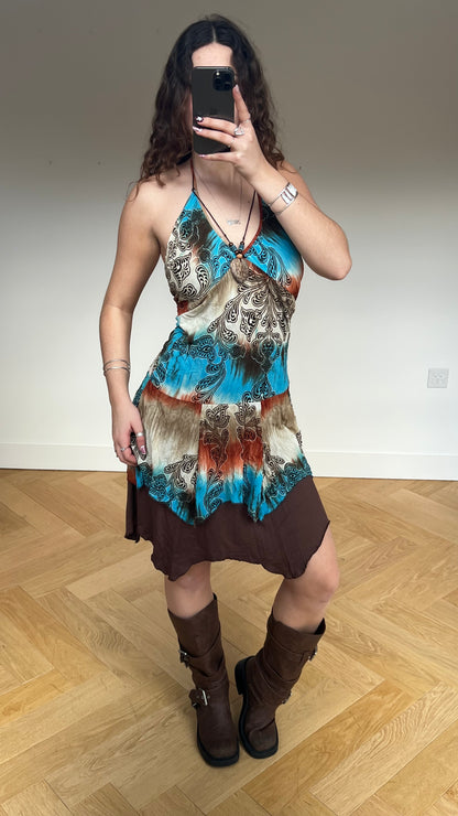 00s blue orange mesh midi dress- size M