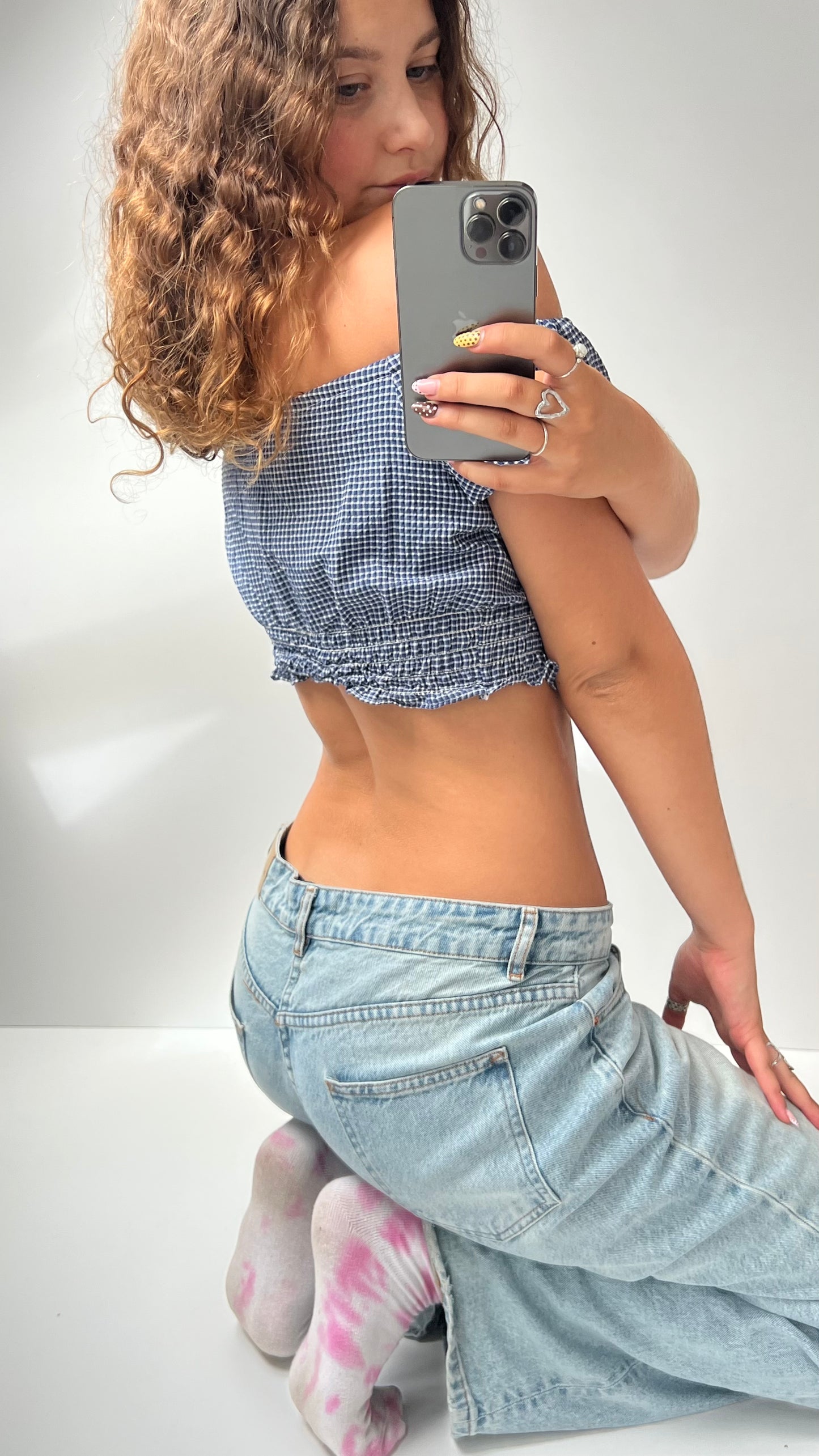 00s blue gingham milkmaid top- size S