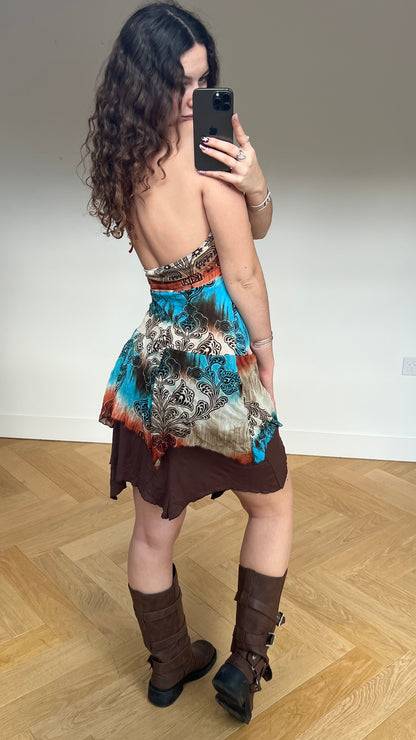 00s blue orange mesh midi dress- size M