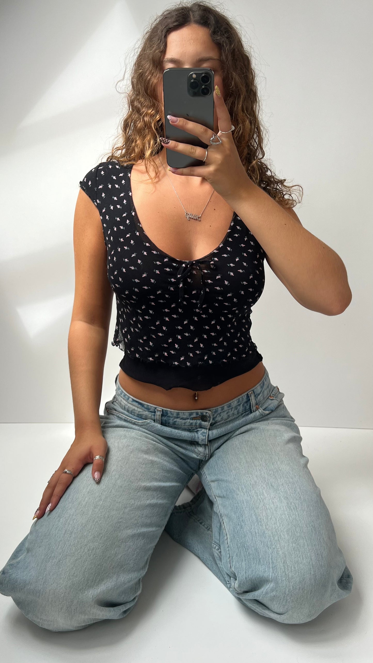 00s black mesh floral babydoll top- size XS