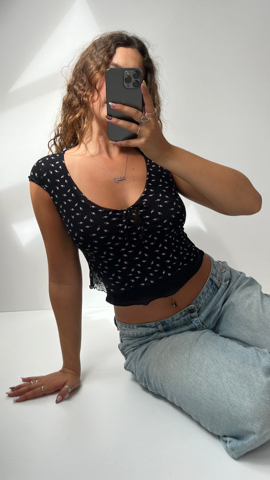 00s black mesh floral babydoll top- size XS
