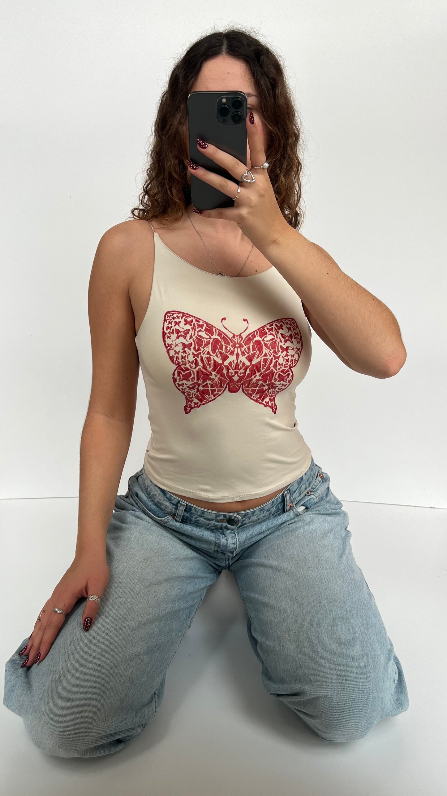 00s beige red butterfly cami- size S