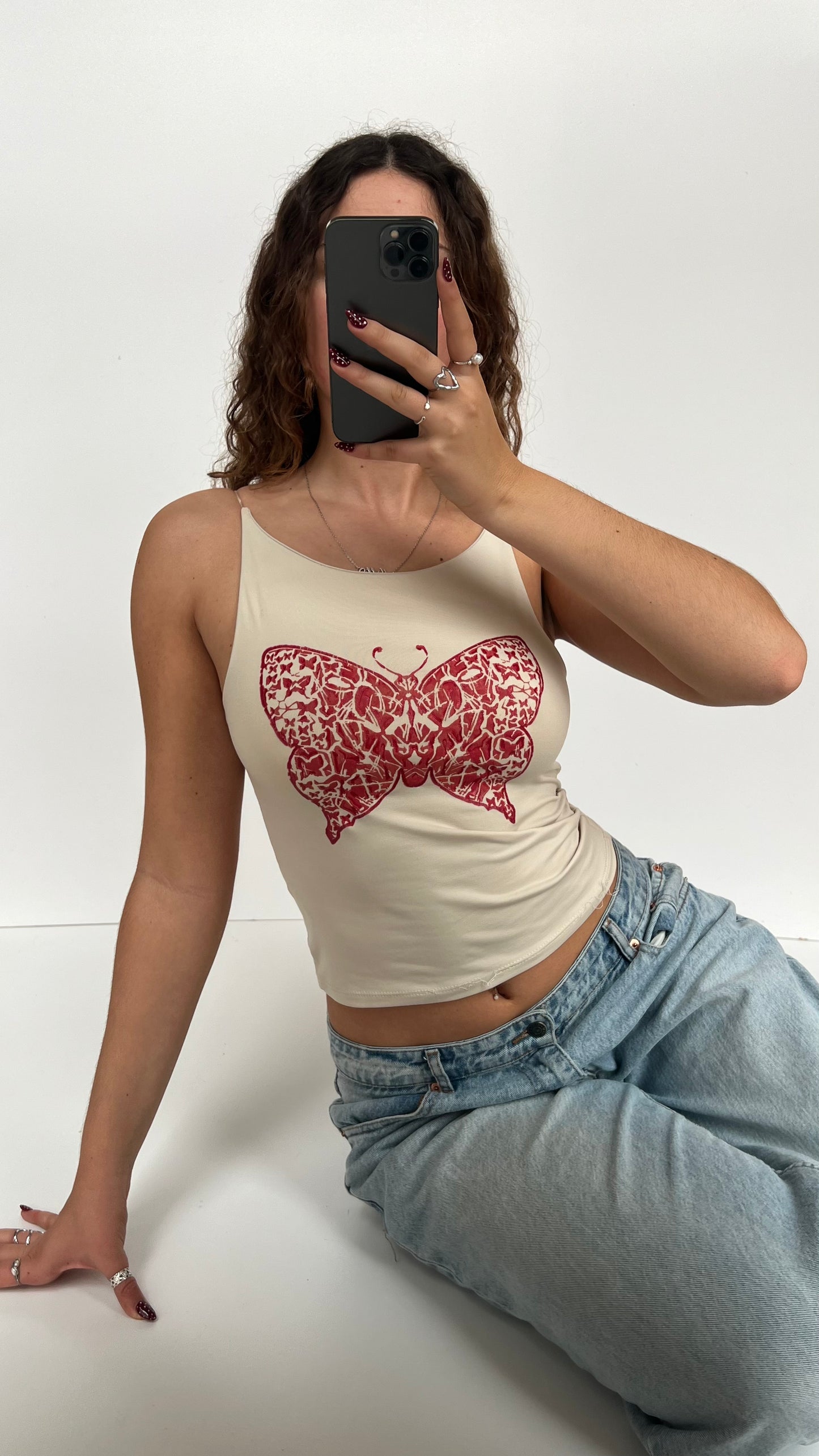 00s beige red butterfly cami- size S
