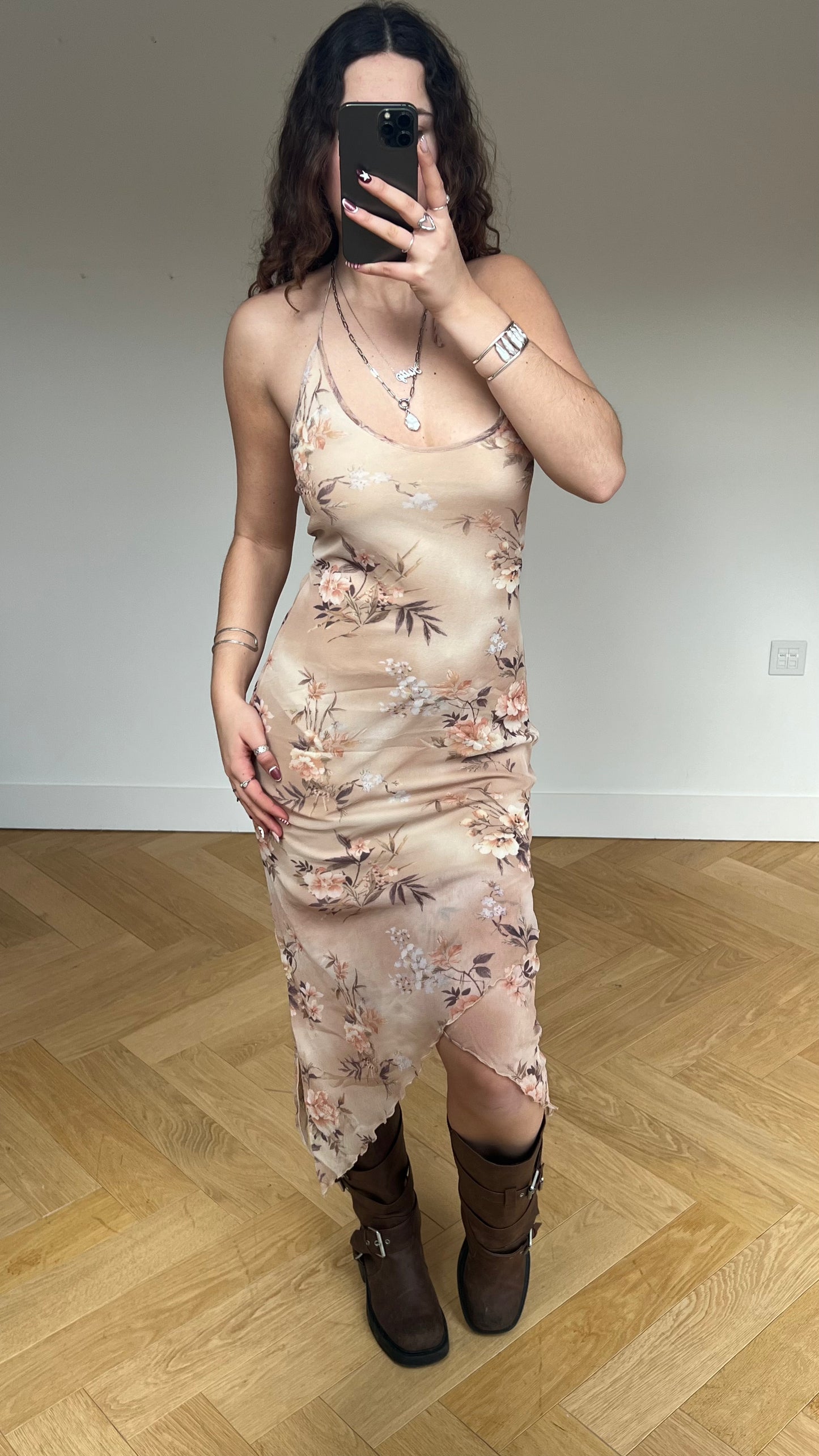 00s beige floral midi dress- size M
