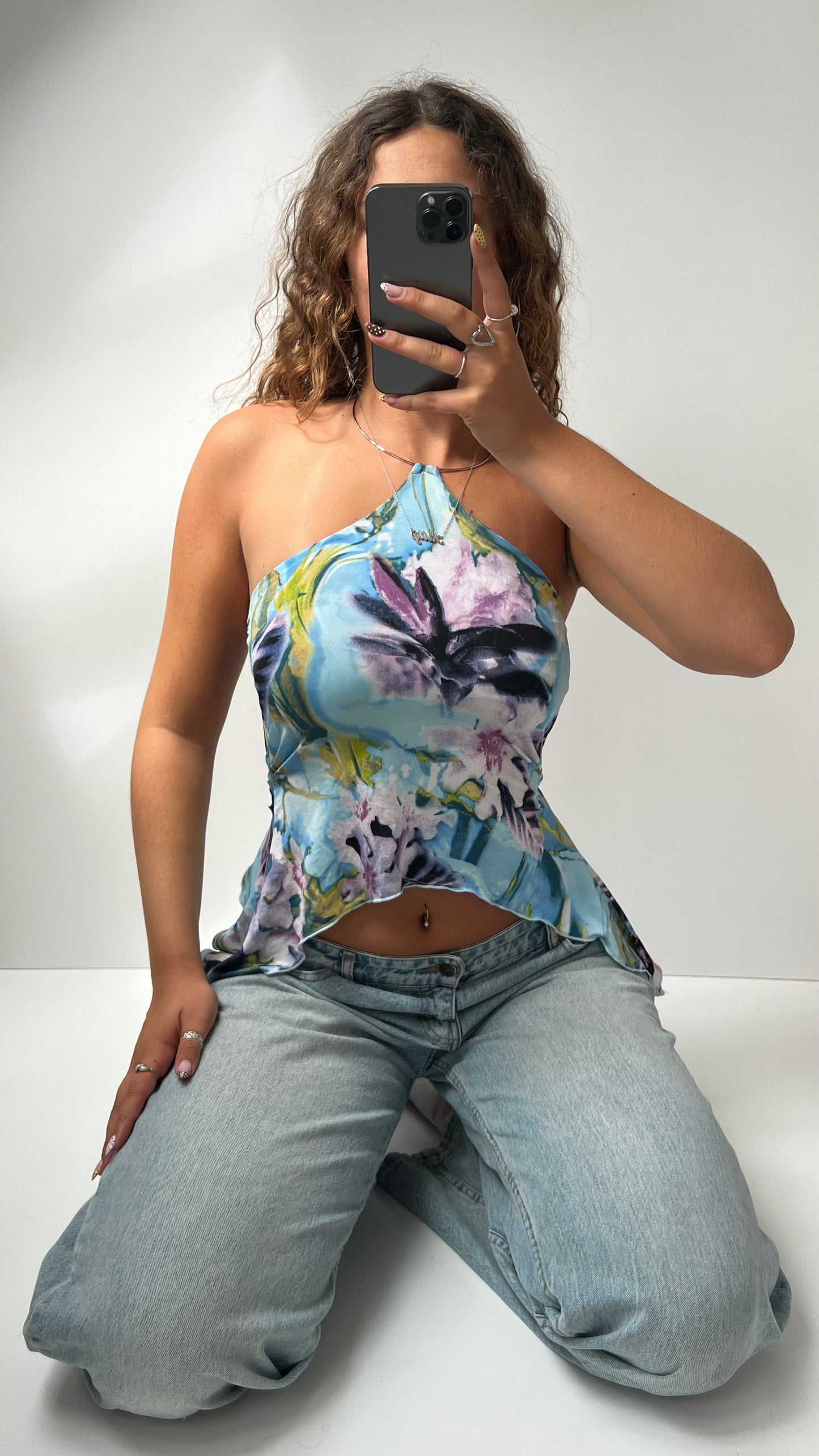 00s blue floral halter cami- size S