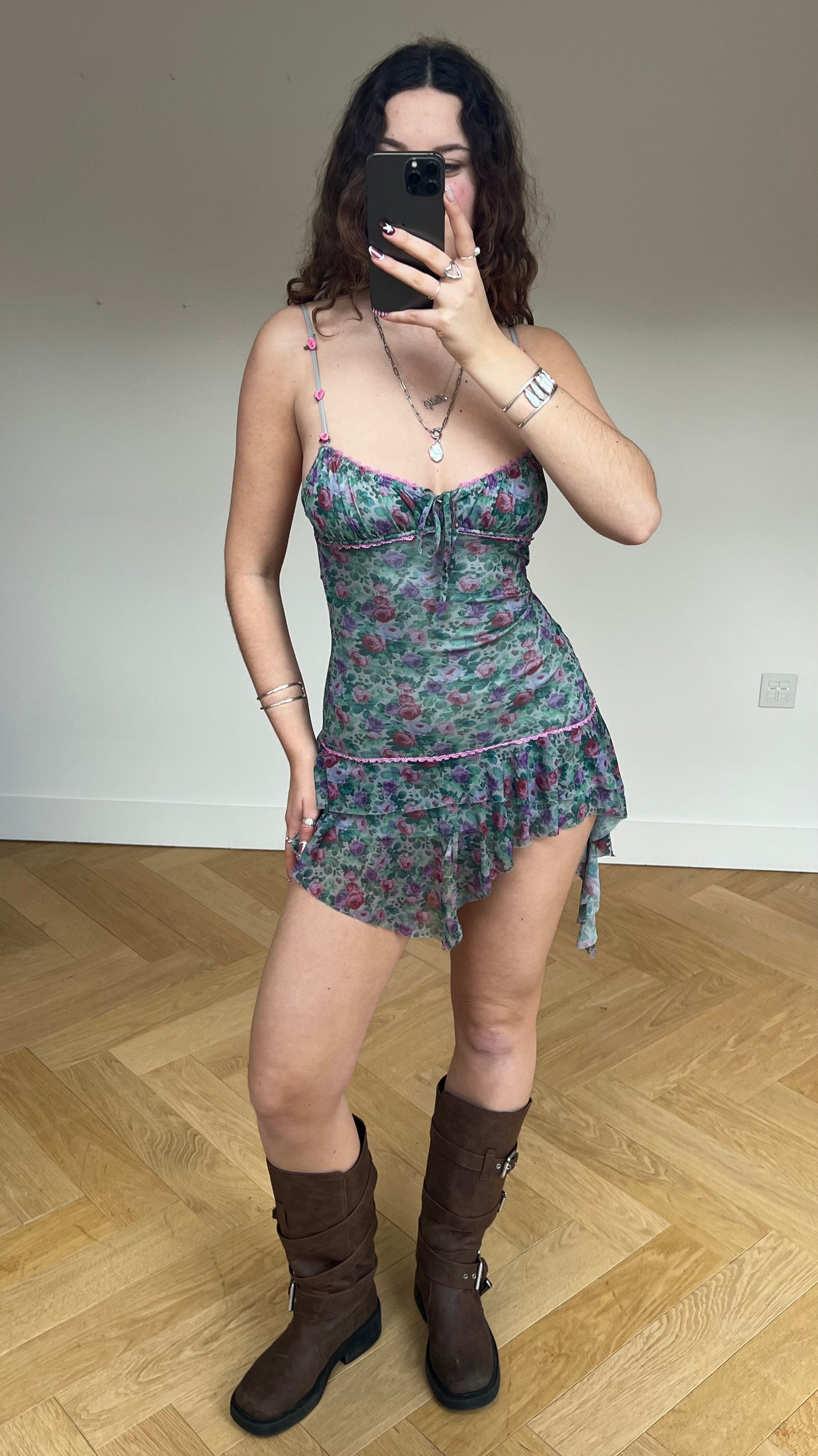 00s green floral mesh mini dress- size XS