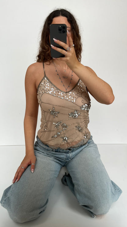 00s beige silver butterfly cami- size M