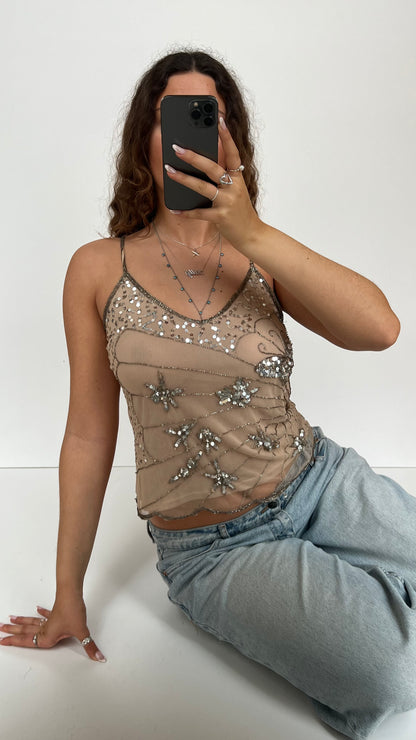00s beige silver butterfly cami- size M