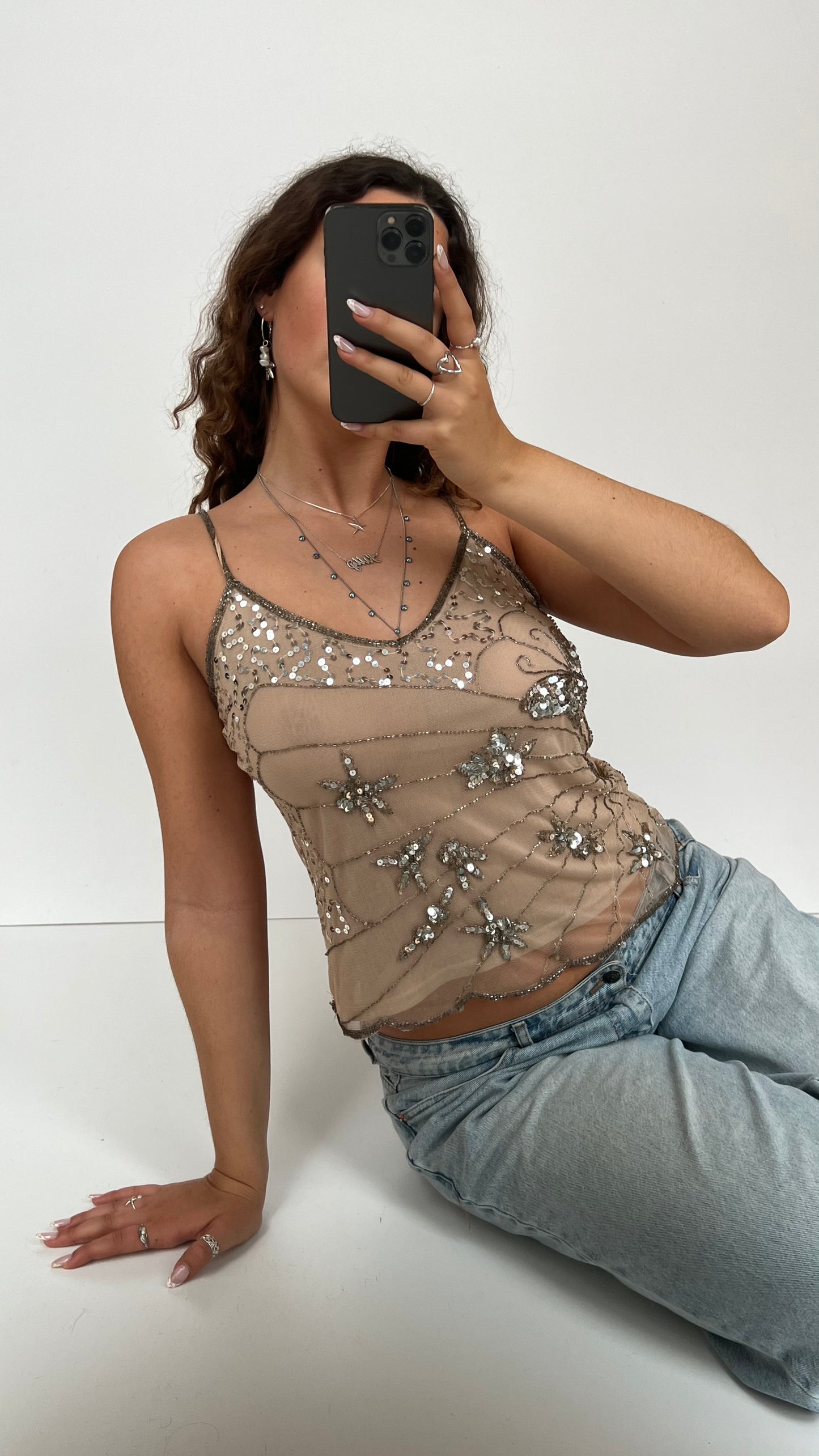 00s beige silver butterfly cami- size M