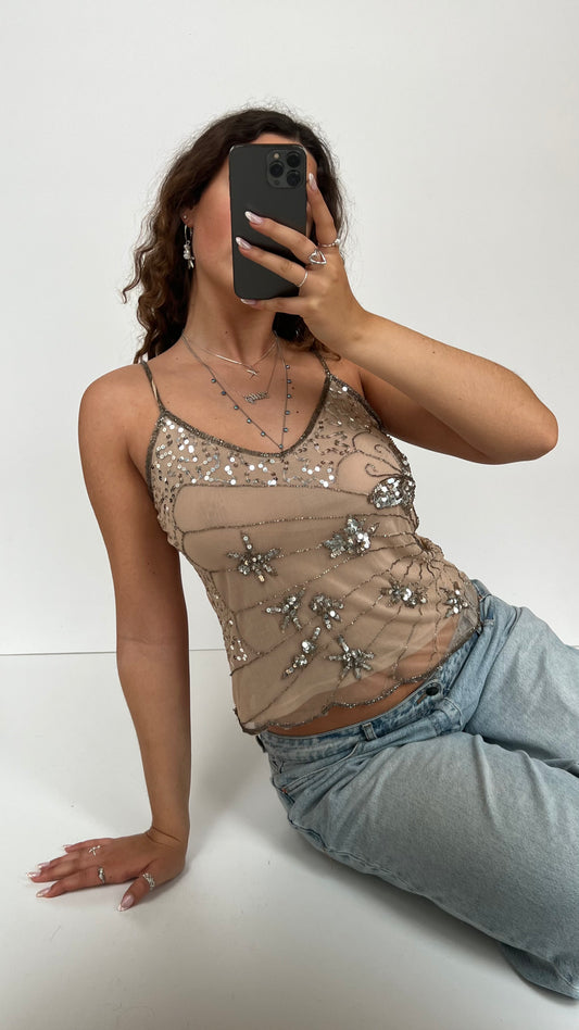 00s beige silver butterfly cami- size M