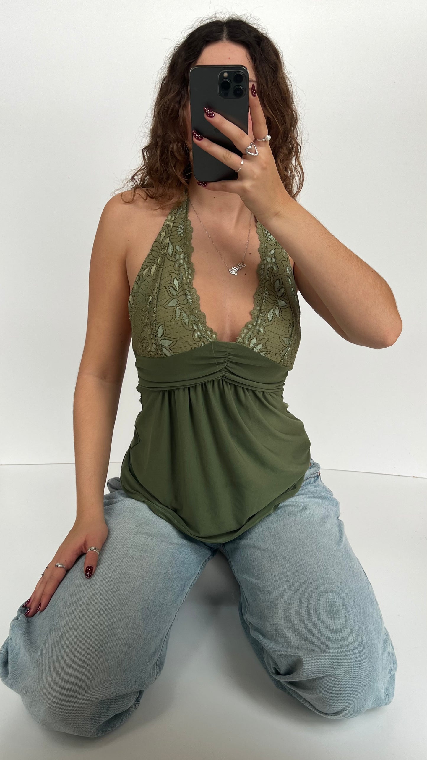 00s green lace halter cami- size S