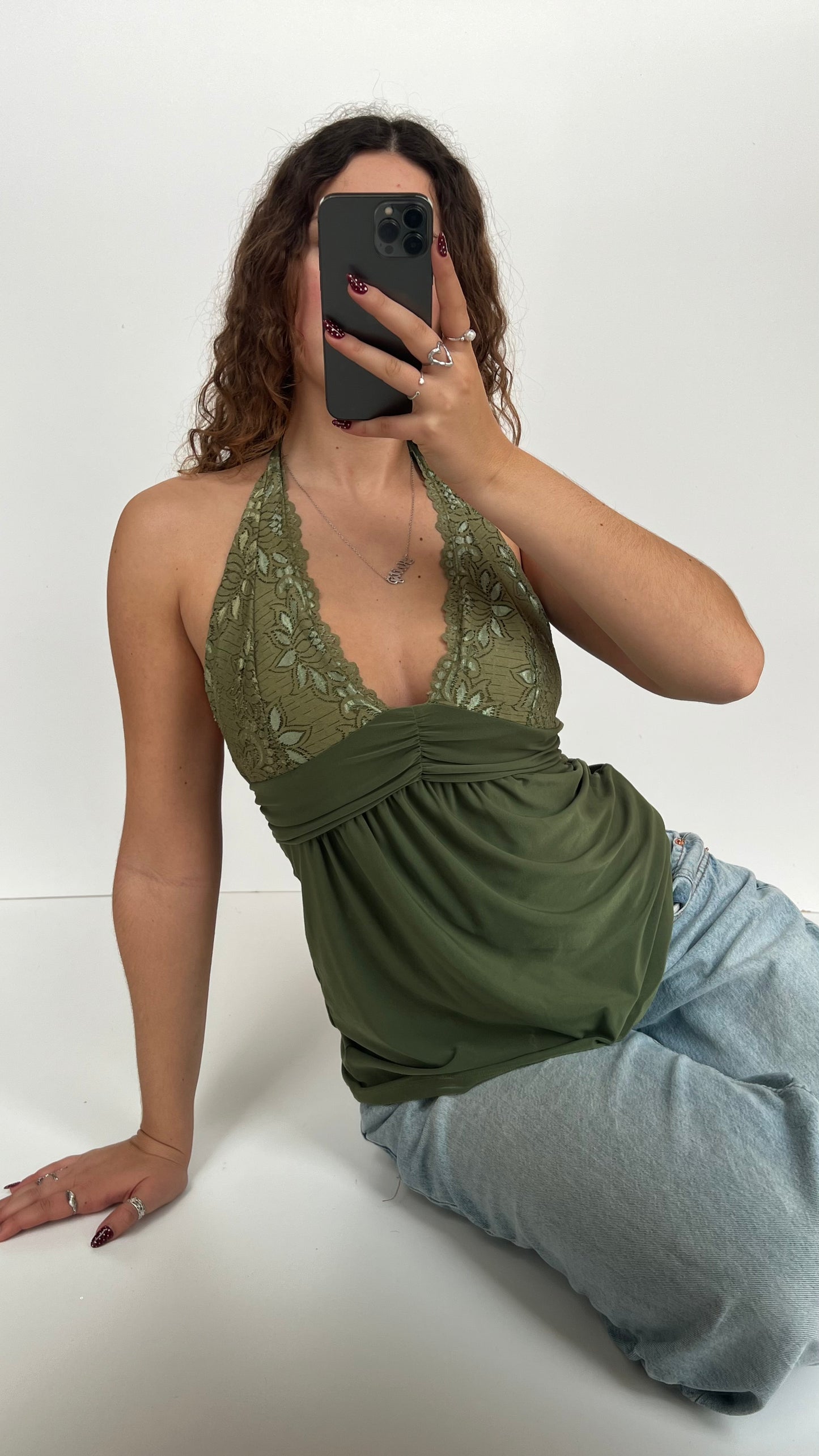 00s green lace halter cami- size S